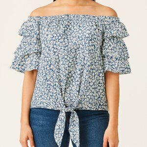 CeCe Women’s Blue & White Floral Print Off-Shoulder Front Tie Blouse size Medium